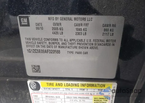 2010 Chevrolet Malibu Lt z USA, uszkodzony, nr VIN 1G1ZC5E09AF320588